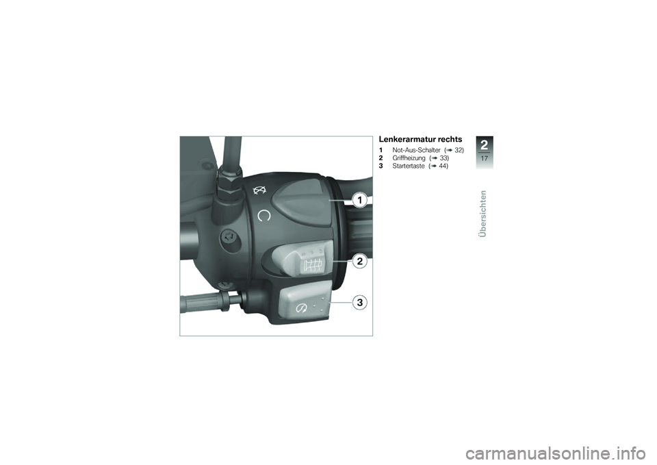 BMW MOTORRAD G 650 GS 2010  Betriebsanleitung (in German) 
Lenkerarmatur rechts
1Not-Aus-Schalter (32)
2Griffheizung (33)
3Startertaste (44)
2
17
zÜbersichten 