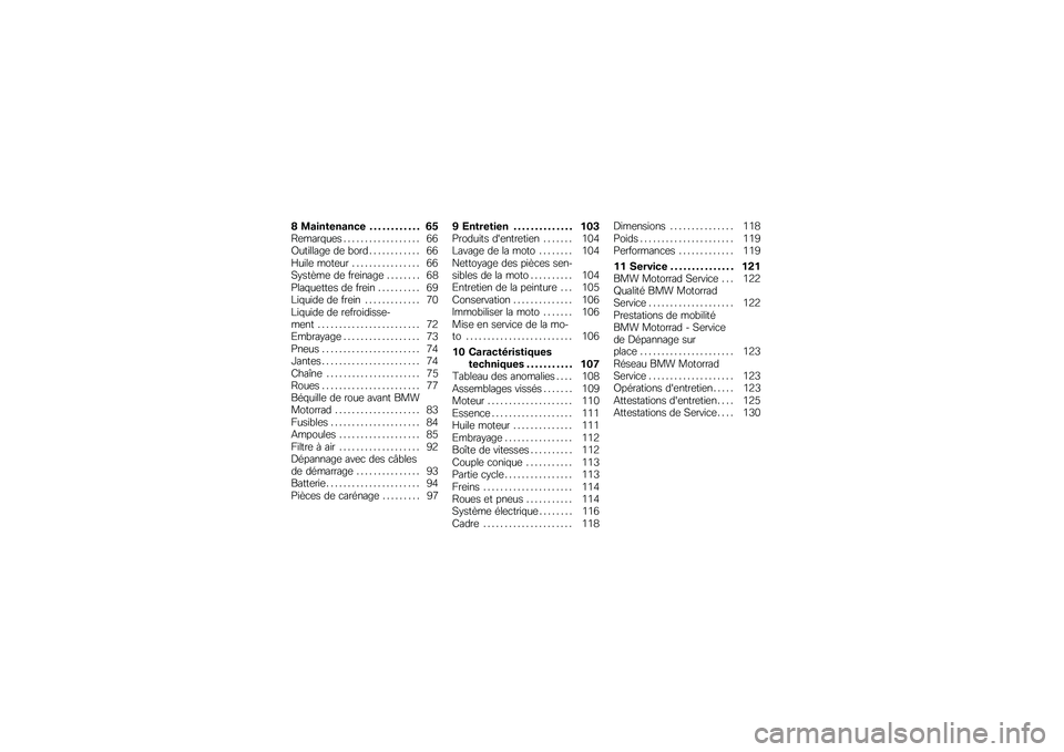 BMW MOTORRAD G 650 GS 2010  Livret de bord (in French) 
8 Maintenance . . . . . . . . . . . . 65Remarques . . . . . . . . . . . . . . . . . . 66Outillage de bord . . . . . . . . . . . . 66Huile moteur . . . . . . . . . . . . . . . . 66Système de freinage