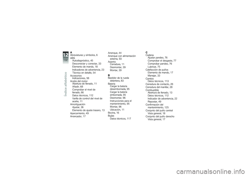 BMW MOTORRAD G 650 GS 2010  Manual de instrucciones (in Spanish) 
AAbreviaturas y símbolos, 6
ABSAutodiagnóstico, 45
Desconectar y conectar, 33
Elemento de mando, 18
Indicadores de advertencia, 23
Técnica en detalle, 54
AccesoriosIndicaciones, 58
Aceite del moto