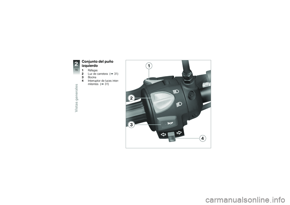 BMW MOTORRAD G 650 GS 2010 Manual de instrucciones (in Spanish)
Conjunto del puño
izquierdo
1Ráfagas
2Luz de carretera (31)
3Bocina
4Interruptor de luces inter-mitentes (31)
2
16
zVistas generales BMW MOTORRAD G 650 GS 2010 Manual de instrucciones (in Spanish)
Conjunto del puño
izquierdo
1Ráfagas
2Luz de carretera (31)
3Bocina
4Interruptor de luces inter-mitentes (31)
2
16
zVistas generales