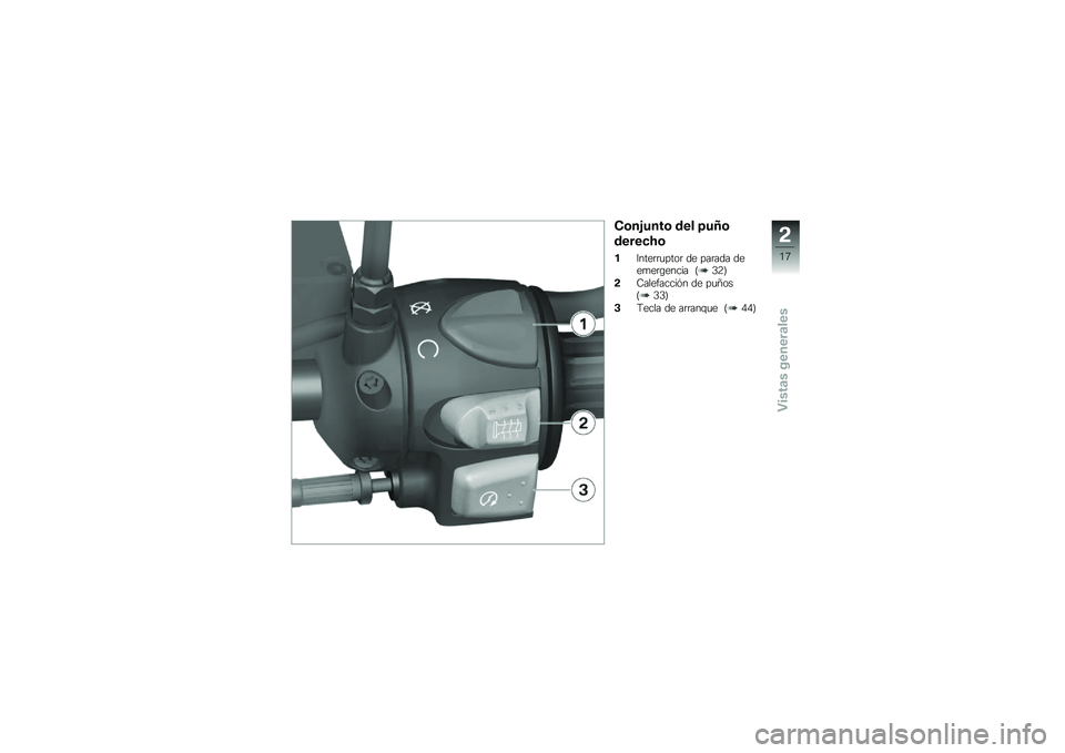 BMW MOTORRAD G 650 GS 2010  Manual de instrucciones (in Spanish) 
Conjunto del puño
derecho
1Interruptor de parada deemergencia (32)
2Calefacción de puños(33)
3Tecla de arranque (44)
2
17
zVistas generales 