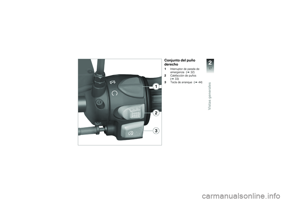 BMW MOTORRAD G 650 GS 2010 Manual de instrucciones (in Spanish)
Conjunto del puño
derecho
1Interruptor de parada deemergencia (32)
2Calefacción de puños(33)
3Tecla de arranque (44)
2
17
zVistas generales BMW MOTORRAD G 650 GS 2010 Manual de instrucciones (in Spanish)
Conjunto del puño
derecho
1Interruptor de parada deemergencia (32)
2Calefacción de puños(33)
3Tecla de arranque (44)
2
17
zVistas generales