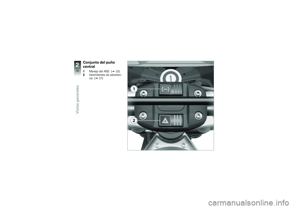 BMW MOTORRAD G 650 GS 2010  Manual de instrucciones (in Spanish) 
Conjunto del puño
central
1Manejo del ABS (33)
2Intermitentes de adverten-cia (31)
2
18
zVistas generales 