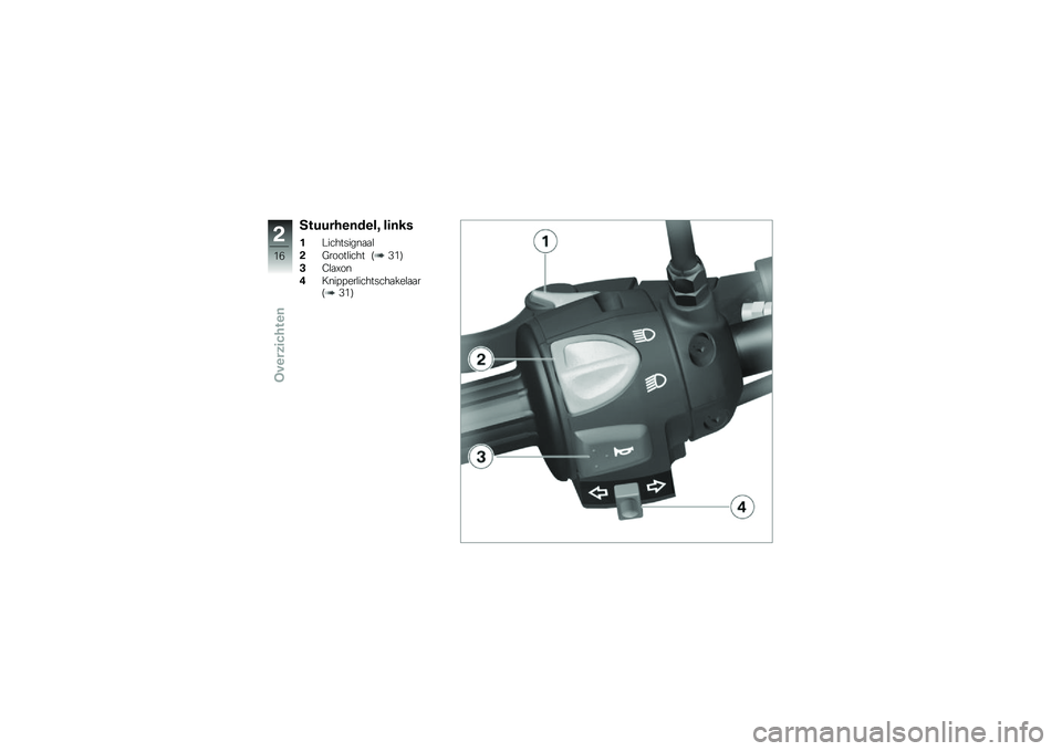BMW MOTORRAD G 650 GS 2010 Handleiding (in Dutch)
Stuurhendel, links
1Lichtsignaal
2Grootlicht (31)
3Claxon
4Knipperlichtschakelaar(31)
2
16
zOverzichten BMW MOTORRAD G 650 GS 2010 Handleiding (in Dutch)
Stuurhendel, links
1Lichtsignaal
2Grootlicht (31)
3Claxon
4Knipperlichtschakelaar(31)
2
16
zOverzichten