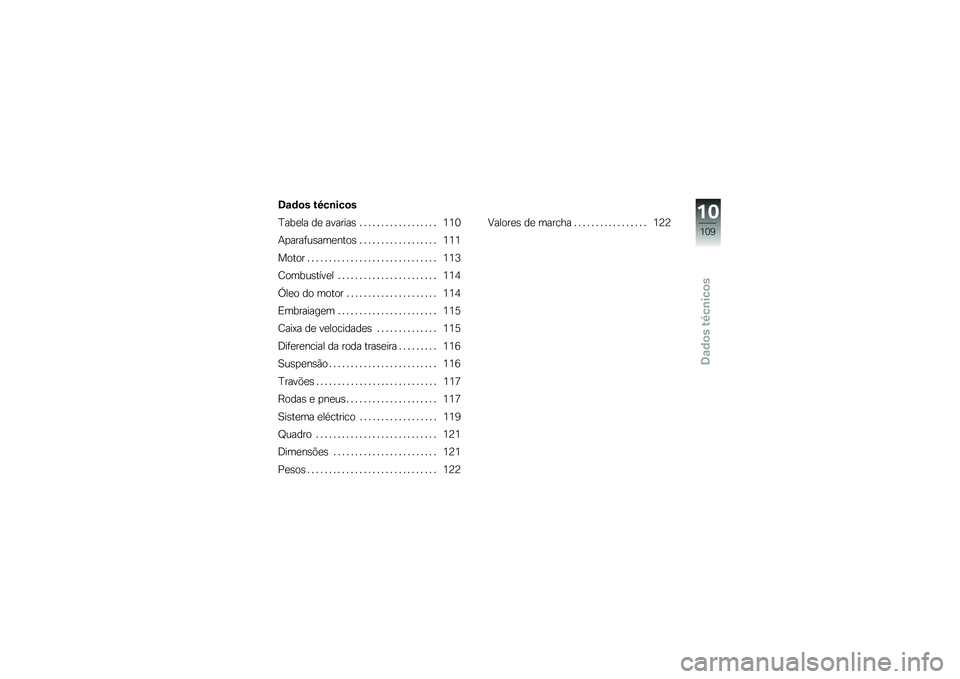 BMW MOTORRAD G 650 GS 2010  Instrukcja obsługi (in Polish) 
Dados técnicos
Dados técnicos
Tabela de avarias . . . . . . . . . . . . . . . . . . 110
Aparafusamentos . . . . . . . . . . . . . . . . . . 111
Motor . . . . . . . . . . . . . . . . . . . . . . . .