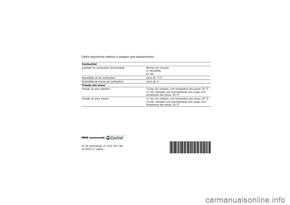 BMW MOTORRAD G 650 GS 2010 Instrukcja obsługi (in Polish)
Dados importantes relativos à paragem para abastecimento.
Combustível
qualidade de combustível recomendada Normal sem chumbo91 ROZ/RON87 AKI
Quantidade útil de combustível cerca de 17,3 l
Quanti BMW MOTORRAD G 650 GS 2010 Instrukcja obsługi (in Polish)
Dados importantes relativos à paragem para abastecimento.
Combustível
qualidade de combustível recomendada Normal sem chumbo91 ROZ/RON87 AKI
Quantidade útil de combustível cerca de 17,3 l
Quanti