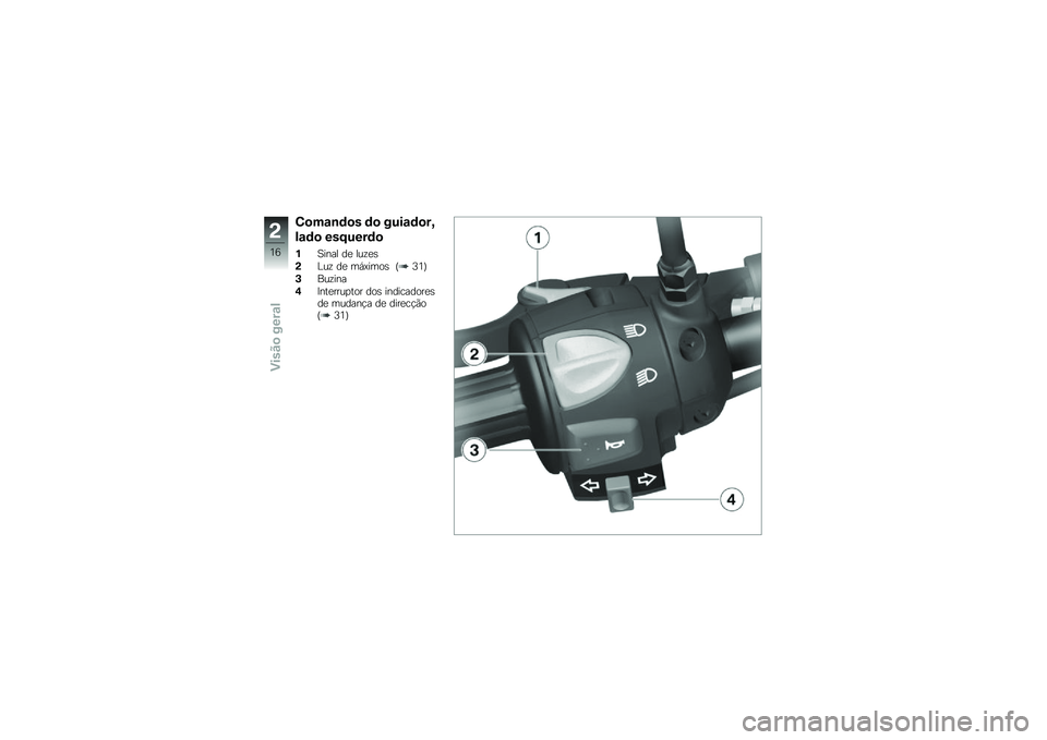 BMW MOTORRAD G 650 GS 2010 Instrukcja obsługi (in Polish)
Comandos do guiador,
lado esquerdo
1Sinal de luzes
2Luz de máximos (31)
3Buzina
4Interruptor dos indicadoresde mudança de direcção(31)
2
16
zVisão geral BMW MOTORRAD G 650 GS 2010 Instrukcja obsługi (in Polish)
Comandos do guiador,
lado esquerdo
1Sinal de luzes
2Luz de máximos (31)
3Buzina
4Interruptor dos indicadoresde mudança de direcção(31)
2
16
zVisão geral