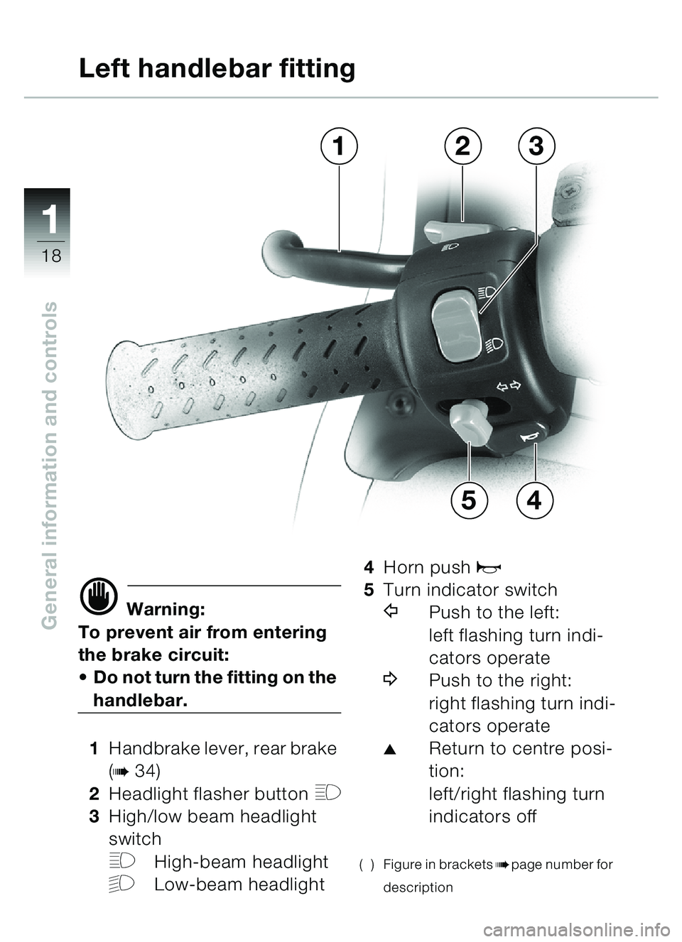 BMW MOTORRAD C1 2000  Riders Manual (in English) 11
18
General information and controlsd Warning:
To prevent air from entering 
the brake circuit:
• Do not turn the fitting on the 
handlebar.
1 Handbrake lever, rear brake 
(
b34)
2 Headlight flash