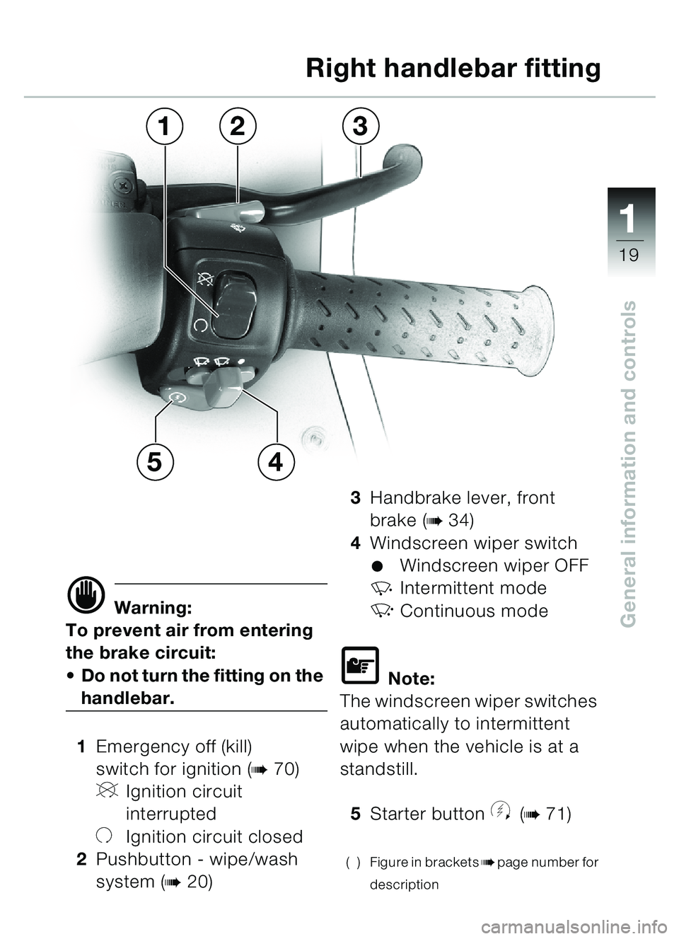 BMW MOTORRAD C1 2000  Riders Manual (in English) 111
19
General information and controlsd Warning:
To prevent air from entering 
the brake circuit:
 Do not turn the fitting on the 
handlebar.
1 Emergency off (kill) 
switch for ignition (
b70)
VIgni