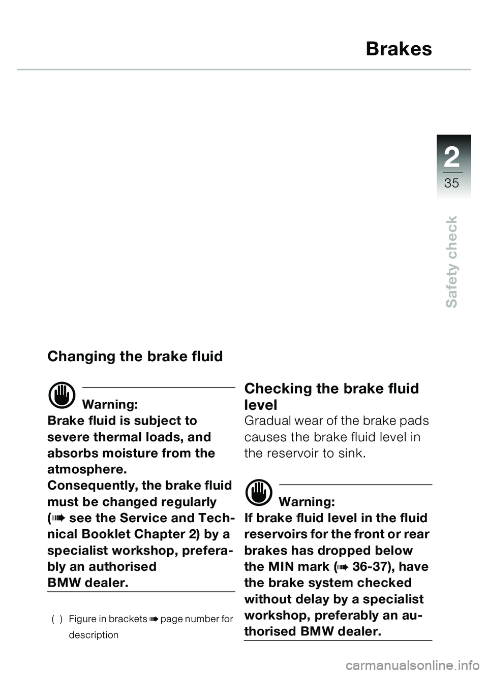 BMW MOTORRAD C1 2000  Riders Manual (in English) 2
35
Safety check
Brakes
Changing the brake fluid
d Warning:
Brake fluid is subject to 
severe thermal loads, and 
absorbs moisture from the 
atmosphere.
Consequently, the brake fluid 
must be changed