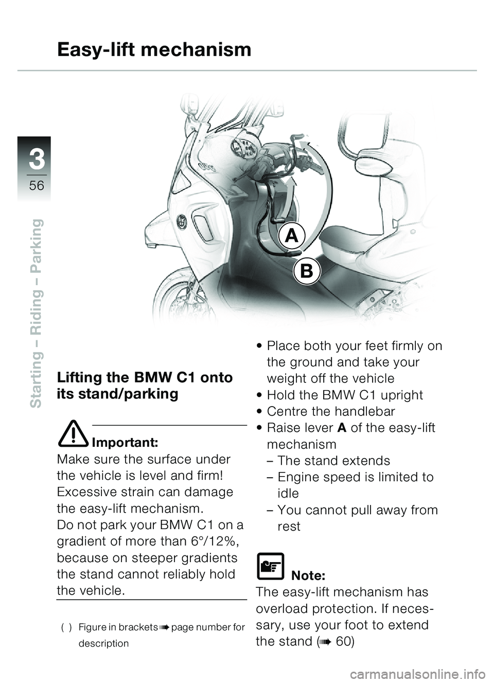 BMW MOTORRAD C1 2000  Riders Manual (in English) 33
56
Starting – Riding  – Parking
Lifting the BMW C1 onto 
its stand/parking 
e Important:
Make sure the surface under 
the vehicle is level and firm!
Excessive strain can damage 
the easy-lift m