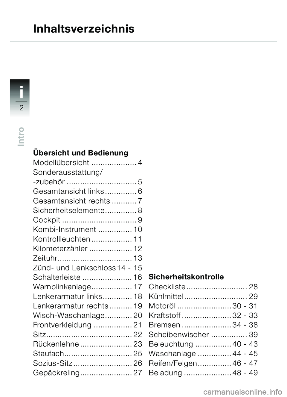 BMW MOTORRAD C1 2000  Betriebsanleitung (in German) i
2
IntroÜbersicht und Bedienung
Modellübersicht .................... 4
Sonderausstattung/
-zubehör ............................... 5
Gesamtansicht links .............. 6 
Gesamtansicht rechts ....