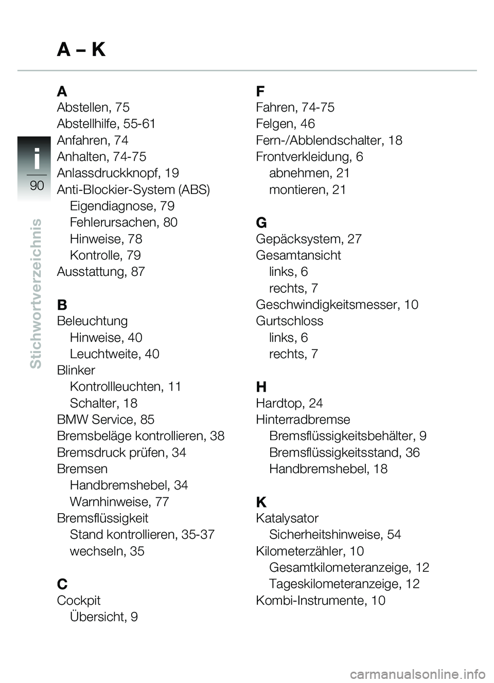 BMW MOTORRAD C1 2000  Betriebsanleitung (in German) ii
90
Stichwortverzeichnis
AAbstellen, 75
Abstellhilfe, 55-61
Anfahren, 74
Anhalten, 74-75
Anlassdruckknopf, 19
Anti-Blockier-System (ABS)Eigendiagnose, 79
Fehlerursachen, 80
Hinweise, 78
Kontrolle, 7