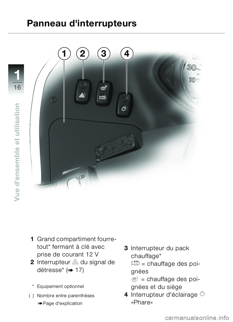 BMW MOTORRAD C1 2000  Livret de bord (in French) 11
16
Vue densemble et utilisation
1Grand compartiment fourre-
tout* fermant à  clé avec 
prise de courant 12 V
2 Interrupteur 
C du signal de 
d étresse* (
b17)
* Equipement optionnel
( ) Nombre 