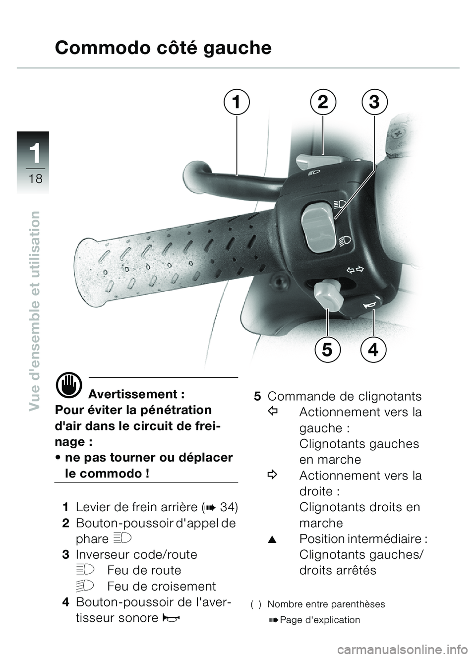 BMW MOTORRAD C1 2000  Livret de bord (in French) 11
18
Vue densemble et utilisationd Avertissement :
Pour  éviter la p énétration 
dair dans le circuit de frei-
nage :
 ne pas tourner ou d éplacer 
le commodo !
1 Levier de frein arri ère (
b