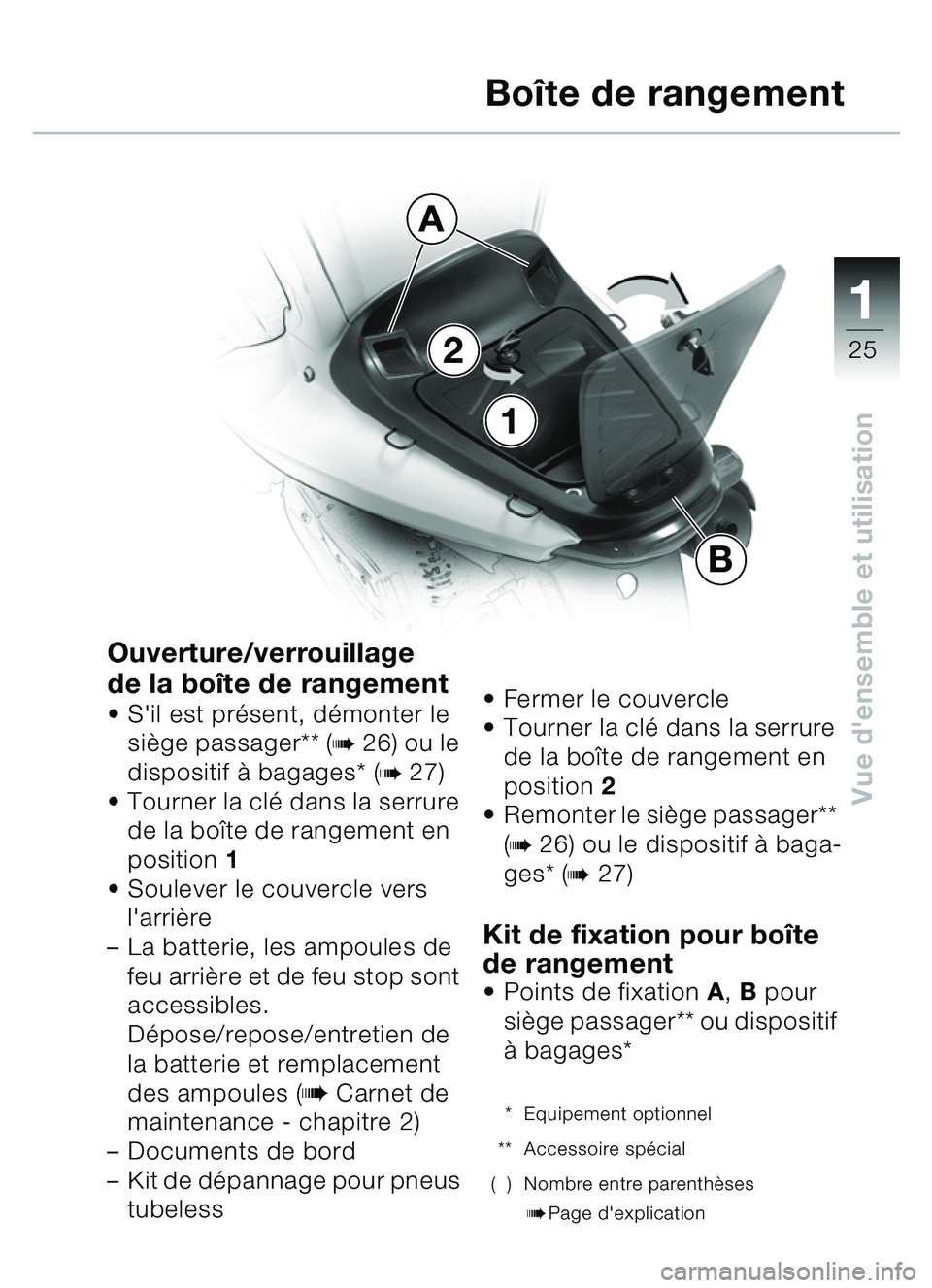 BMW MOTORRAD C1 2000  Livret de bord (in French) 111
25
Vue densemble et utilisation
1
2
A
B
Ouverture/verrouillage 
de la boîte de rangement
Sil est pr ésent, démonter le 
si ège passager** (b26) ou le 
dispositif  à bagages* (b27)
 Tourne