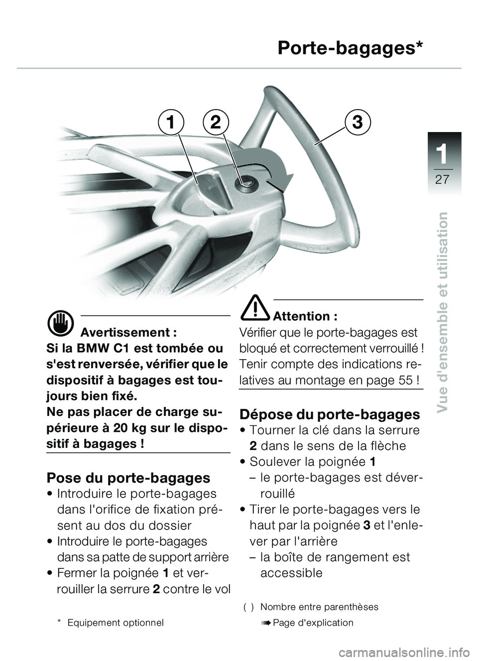 BMW MOTORRAD C1 2000  Livret de bord (in French) 111
27
Vue densemble et utilisation
321Porte-bagages*
d Avertissement :
Si la BMW C1 est tomb ée ou 
sest renvers ée, vérifier que le 
dispositif à  bagages est tou-
jours bien fix é.
Ne pas pl