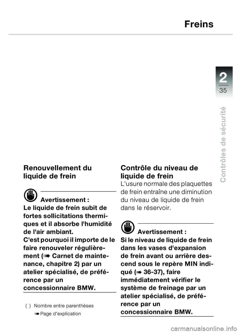 BMW MOTORRAD C1 2000  Livret de bord (in French) 2
35
Contrôles de s écurité
Freins
Renouvellement du 
liquide de frein
d Avertissement :
Le liquide de frein subit de 
fortes sollicitations thermi-
ques et il absorbe lhumidit é 
de lair ambian