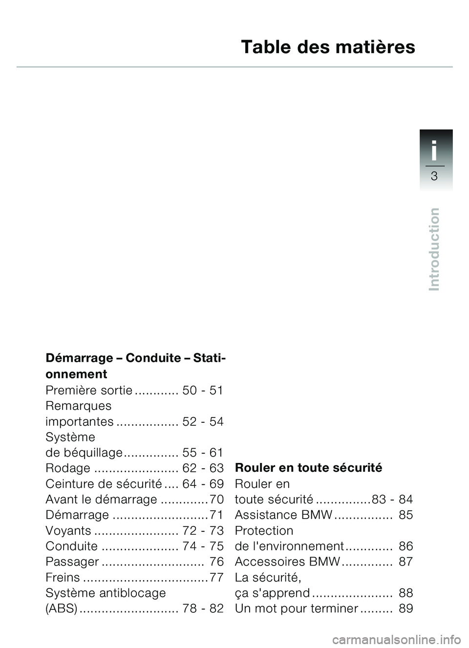 BMW MOTORRAD C1 2000  Livret de bord (in French) 1i
3
Introduction
Démarrage  – Conduite  – Stati-
onnement
Première sortie ............ 50 - 51
Remarques 
importantes ................. 52 - 54
Syst ème 
de b équillage ............... 55 - 6