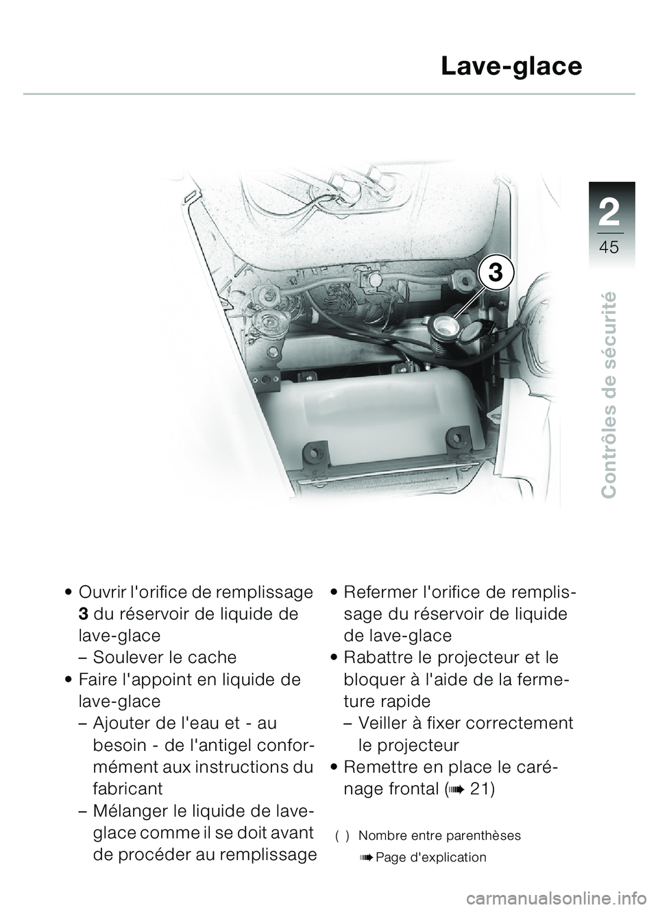 BMW MOTORRAD C1 2000  Livret de bord (in French) 2
45
Contrôles de s écurité
 Ouvrir lorifice de remplissage 
3 du r éservoir de liquide de 
lave-glace
– Soulever le cache
 Faire lappoint en liquide de 
lave-glace
– Ajouter de leau et -