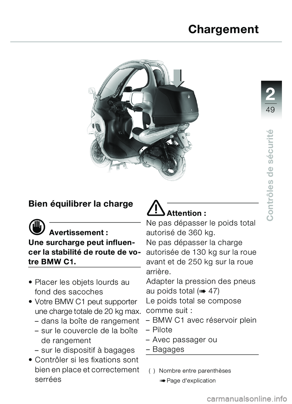 BMW MOTORRAD C1 2000  Livret de bord (in French) 2
49
Contrôles de sécurité
Bien équilibrer la charge
d Avertissement :
Une surcharge peut influen-
cer la stabilité de route de vo-
tre BMW C1.
• Placer les objets lourds au  fond des sacoches
