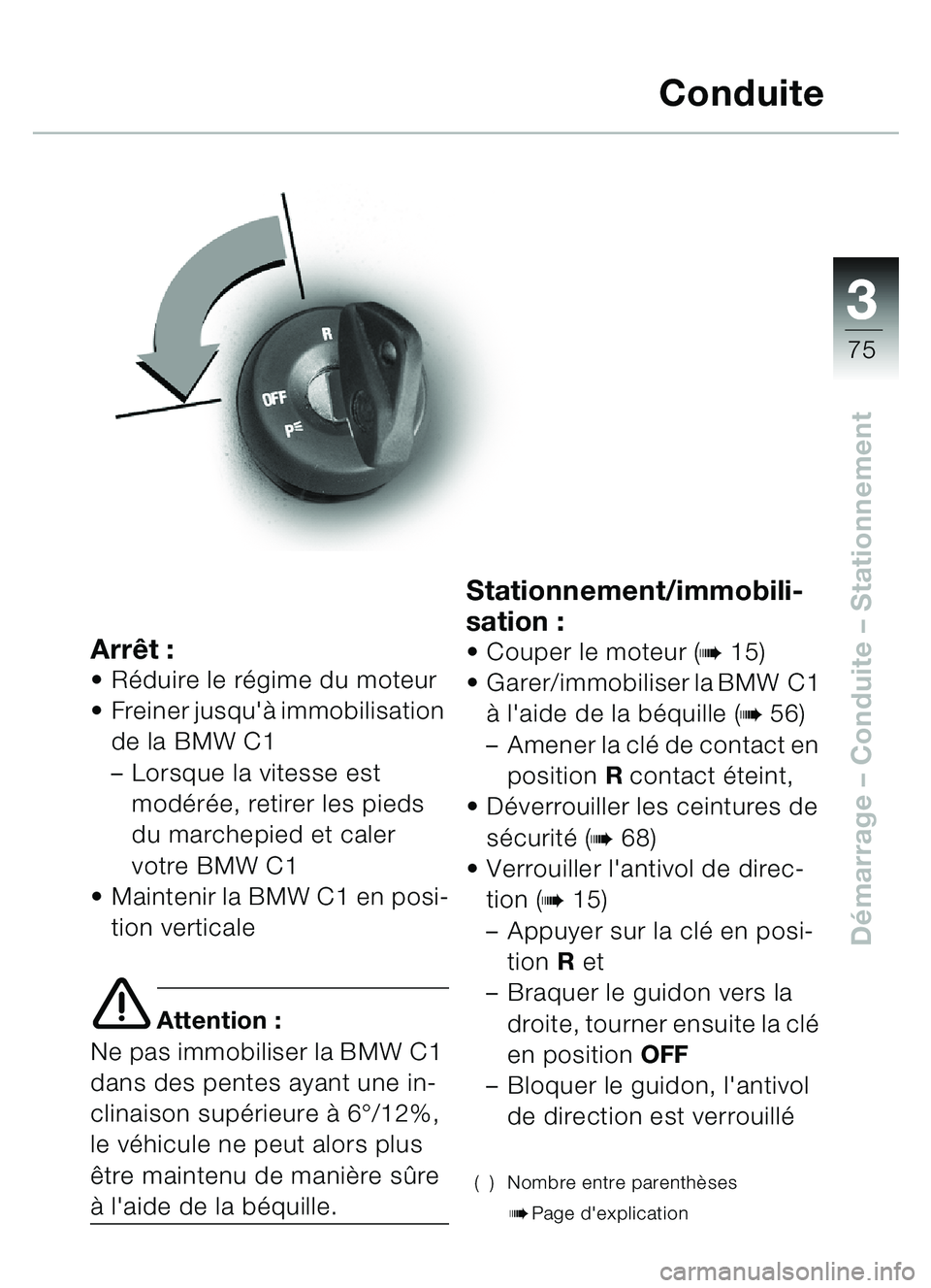 BMW MOTORRAD C1 2000 Livret de bord (in French) 33
75
Démarrage – Conduite – Stationnement
Arrêt :Réduire le r égime du moteur
Freiner jusquà immobilisation
de la BMW C1
– Lorsque la vitesse est
mod érée, retirer les pieds
d BMW MOTORRAD C1 2000 Livret de bord (in French) 33
75
Démarrage – Conduite – Stationnement
Arrêt :Réduire le r égime du moteur
Freiner jusquà immobilisation
de la BMW C1
– Lorsque la vitesse est
mod érée, retirer les pieds
d