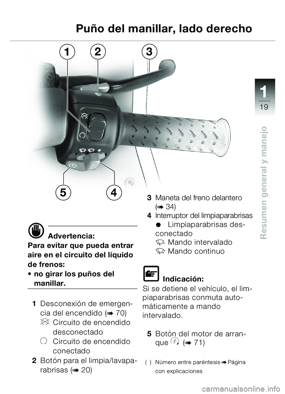 BMW MOTORRAD C1 2000  Manual de instrucciones (in Spanish) 111
19
Resumen general y manejod Advertencia:
Para evitar que pueda entrar 
aire en el circuito del l íquido 
de frenos:
 no girar los pu ños del 
manillar.
1 Desconexi ón de emergen-
cia del ence