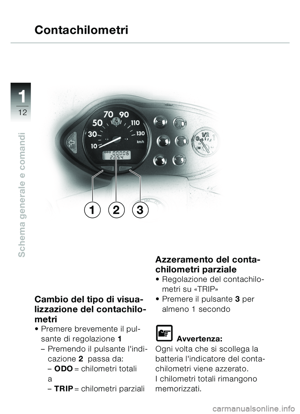 BMW MOTORRAD C1 2000 Libretto di uso e manutenzione (in Italian) 11
12
Schema generale e comandi
Cambio del tipo di visua-
lizzazione del contachilo-
metri
Premere brevemente il pul-
sante di regolazione 1
– Premendo il pulsante lindi-
cazione 2 passa da:
†BMW MOTORRAD C1 2000 Libretto di uso e manutenzione (in Italian) 11
12
Schema generale e comandi
Cambio del tipo di visua-
lizzazione del contachilo-
metri
Premere brevemente il pul-
sante di regolazione 1
– Premendo il pulsante lindi-
cazione 2 passa da:
â€