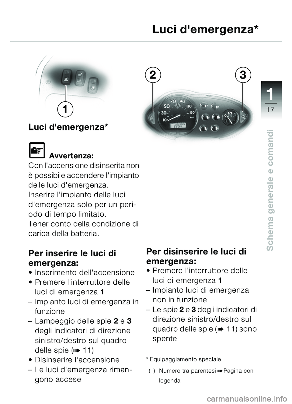 BMW MOTORRAD C1 2000 Libretto di uso e manutenzione (in Italian) 111
17
Schema generale e comandi
Luci demergenza*
\f Avvertenza:
Con laccensione disinserita non
è possibile accendere limpianto
delle luci demergenza.
Inserire limpianto delle luci
demerge BMW MOTORRAD C1 2000 Libretto di uso e manutenzione (in Italian) 111
17
Schema generale e comandi
Luci demergenza*
\f Avvertenza:
Con laccensione disinserita non
è possibile accendere limpianto
delle luci demergenza.
Inserire limpianto delle luci
demerge