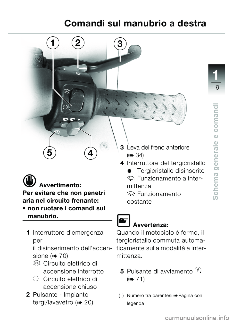 BMW MOTORRAD C1 2000 Libretto di uso e manutenzione (in Italian) 111
19
Schema generale e comandi
d Avvertimento:
Per evitare che non penetri
aria nel circuito frenante:
non ruotare i comandi sul
manubrio.
1 Interruttore demergenza
per
il disinserimento dell BMW MOTORRAD C1 2000 Libretto di uso e manutenzione (in Italian) 111
19
Schema generale e comandi
d Avvertimento:
Per evitare che non penetri
aria nel circuito frenante:
non ruotare i comandi sul
manubrio.
1 Interruttore demergenza
per
il disinserimento dell