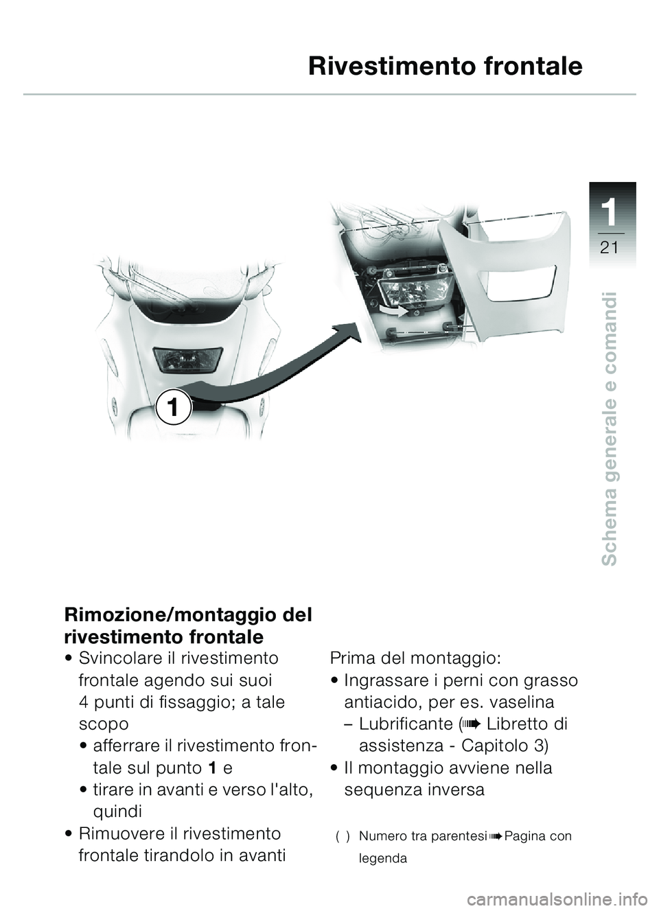 BMW MOTORRAD C1 2000 Libretto di uso e manutenzione (in Italian) 111
21
Schema generale e comandi
Rimozione/montaggio del
rivestimento frontale
Svincolare il rivestimento
frontale agendo sui suoi
4 punti di fissaggio; a tale
scopo
afferrare il rivestimento fr BMW MOTORRAD C1 2000 Libretto di uso e manutenzione (in Italian) 111
21
Schema generale e comandi
Rimozione/montaggio del
rivestimento frontale
Svincolare il rivestimento
frontale agendo sui suoi
4 punti di fissaggio; a tale
scopo
afferrare il rivestimento fr