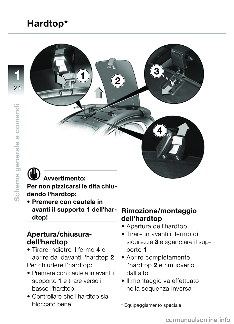 BMW MOTORRAD C1 2000 Libretto di uso e manutenzione (in Italian) 11
24
Schema generale e comandi
Hardtop*
d Avvertimento:
Per non pizzicarsi le dita chiu-
dendo lhardtop:
Premere con cautela in
avanti il supporto 1 dellhar-
dtop!
Apertura/chiusura-
dellhardto BMW MOTORRAD C1 2000 Libretto di uso e manutenzione (in Italian) 11
24
Schema generale e comandi
Hardtop*
d Avvertimento:
Per non pizzicarsi le dita chiu-
dendo lhardtop:
Premere con cautela in
avanti il supporto 1 dellhar-
dtop!
Apertura/chiusura-
dellhardto