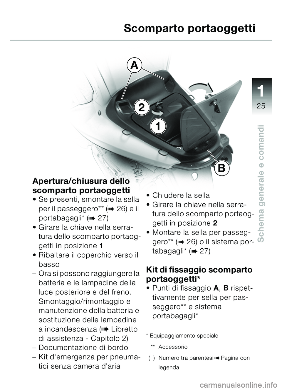 BMW MOTORRAD C1 2000 Libretto di uso e manutenzione (in Italian) 111
25
Schema generale e comandi
1
2
A
B
Apertura/chiusura dello
scomparto portaoggetti
Se presenti, smontare la sella
per il passeggero** (
b26) e il
portabagagli* (
b27)
Girare la chiave nella BMW MOTORRAD C1 2000 Libretto di uso e manutenzione (in Italian) 111
25
Schema generale e comandi
1
2
A
B
Apertura/chiusura dello
scomparto portaoggetti
Se presenti, smontare la sella
per il passeggero** (
b26) e il
portabagagli* (
b27)
Girare la chiave nella