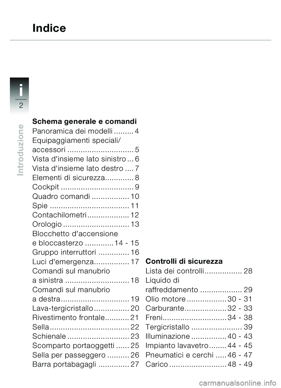 BMW MOTORRAD C1 2000  Libretto di uso e manutenzione (in Italian) i
2
Introduzione
Schema generale e comandi
Panoramica dei modelli ......... 4
Equipaggiamenti speciali/
accessori .............................. 5
Vista dinsieme lato sinistro ... 6 
Vista dinsieme 