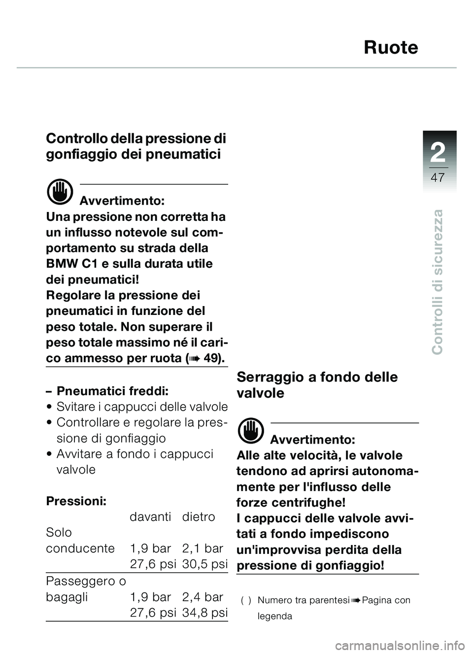 BMW MOTORRAD C1 2000 Libretto di uso e manutenzione (in Italian) 2
47
Controlli di sicurezza
Ruote
Controllo della pressione di
gonfiaggio dei pneumatici
d Avvertimento:
Una pressione non corretta ha
un influsso notevole sul com-
portamento su strada della
BMW C BMW MOTORRAD C1 2000 Libretto di uso e manutenzione (in Italian) 2
47
Controlli di sicurezza
Ruote
Controllo della pressione di
gonfiaggio dei pneumatici
d Avvertimento:
Una pressione non corretta ha
un influsso notevole sul com-
portamento su strada della
BMW C