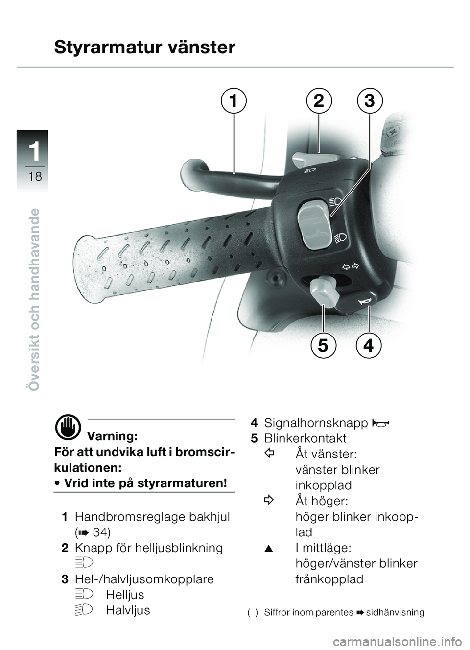 BMW MOTORRAD C1 2000  Instruktionsbok (in Swedish) 11
18
Översikt och handhavande
d Varning:
Fö r att undvika luft i bromscir-
kulationen:
 Vrid inte p å styrarmaturen!
1 Handbromsreglage bakhjul 
(
b34)
2 Knapp f ör helljusblinkning 
H
3 Hel-/ha