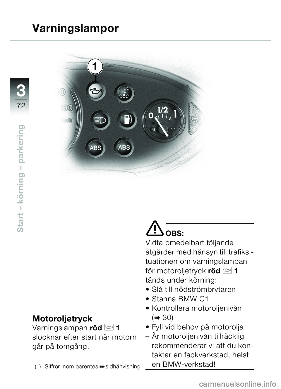 BMW MOTORRAD C1 2000  Instruktionsbok (in Swedish) 33
72
Start – körning – parkering
MotoroljetryckVarningslampan röd p 1 
slocknar efter start när motorn 
går på tomgång.
( ) Siffror inom parentesbsidhänvisning
e OBS:
Vidta omedelbart föl