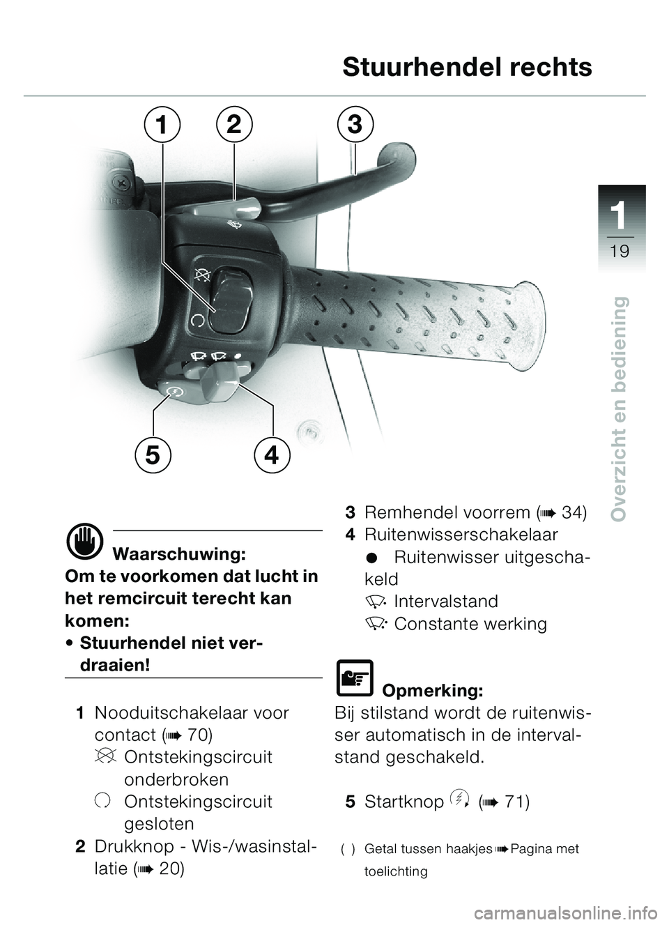 BMW MOTORRAD C1 2000  Handleiding (in Dutch) 111
19
Overzicht en bediening
d Waarschuwing:
Om te voorkomen dat lucht in 
het remcircuit terecht kan 
komen:
 Stuurhendel niet ver-
draaien!
1 Nooduitschakelaar voor 
contact (
b70)
VOntstekingscir