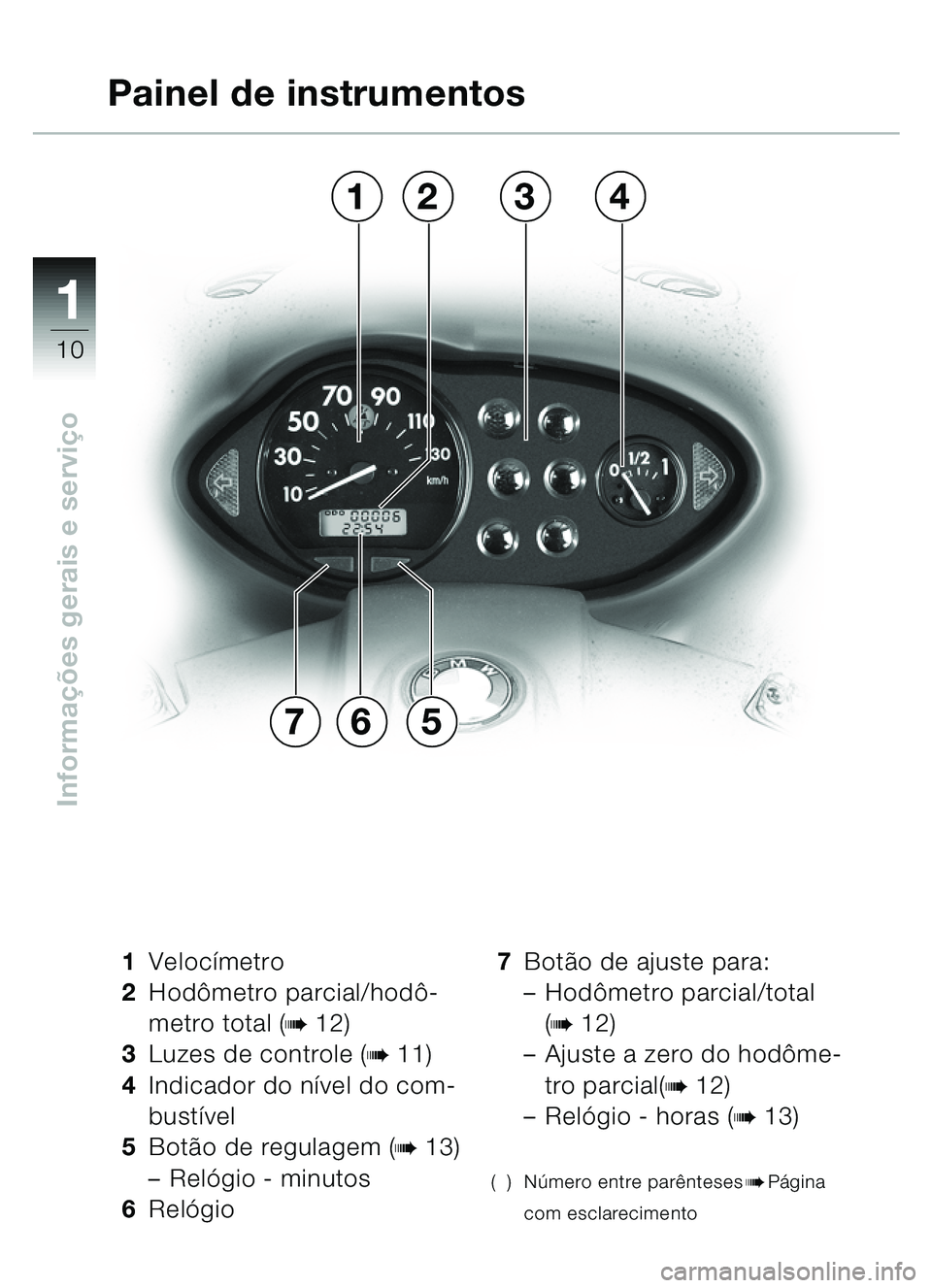 BMW MOTORRAD C1 2000  Manual do condutor (in Portuguese) 11
10
Informações gerais e servi ço
1 Veloc ímetro
2 Hod ômetro parcial/hodô -
metro total (
b12)
3 Luzes de controle (
b11)
4 Indicador do n ível do com-
bust ível
5 Bot ão de regulagem (
b1