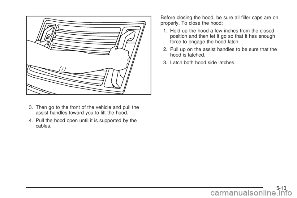 HUMMER H2 2009  Owners Manual 3. Then go to the front of the vehicle and pull the
assist handles toward you to lift the hood.
4. Pull the hood open until it is supported by the
cables.Before closing the hood, be sure all �ller cap