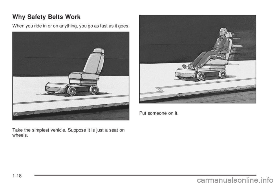 HUMMER H2 2008 Owners Manual Why Safety Belts Work
When you ride in or on anything, you go as fast as it goes.
Take the simplest vehicle. Suppose it is just a seat on
wheels.Put someone on it.
1-18 