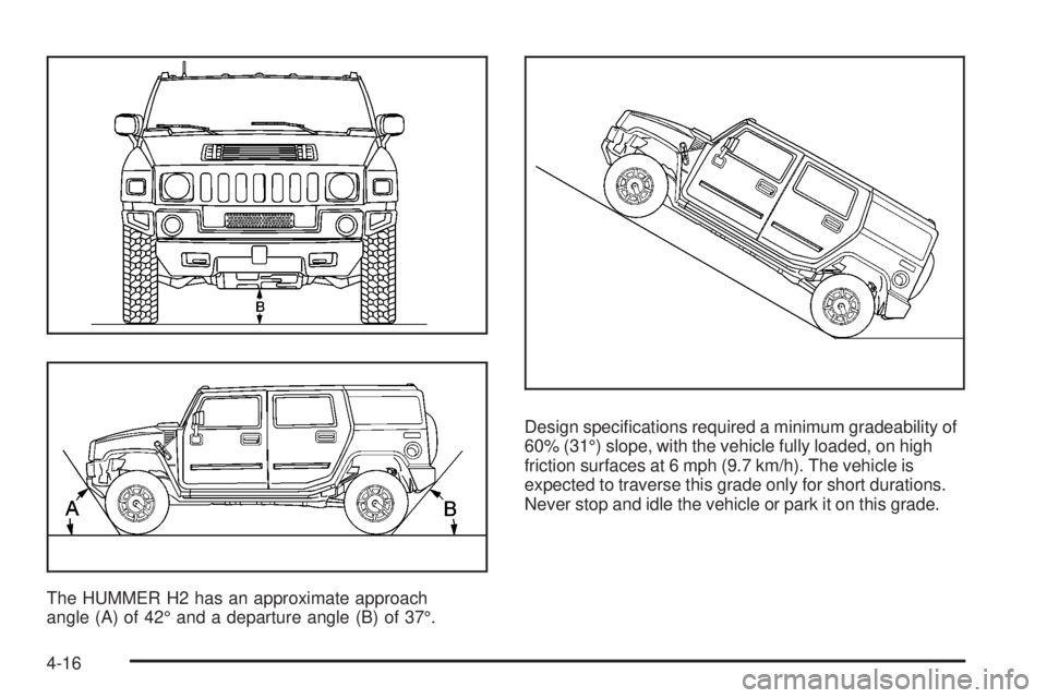HUMMER H2 2008  Owners Manual The HUMMER H2 has an approximate approach
angle (A) of 42° and a departure angle (B) of 37°.Design speci�cations required a minimum gradeability of
60% (31°) slope, with the vehicle fully loaded, o