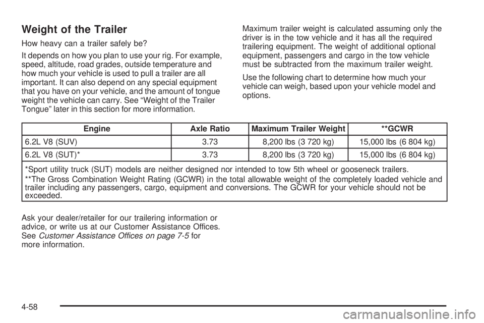 HUMMER H2 2008  Owners Manual Weight of the Trailer
How heavy can a trailer safely be?
It depends on how you plan to use your rig. For example,
speed, altitude, road grades, outside temperature and
how much your vehicle is used to