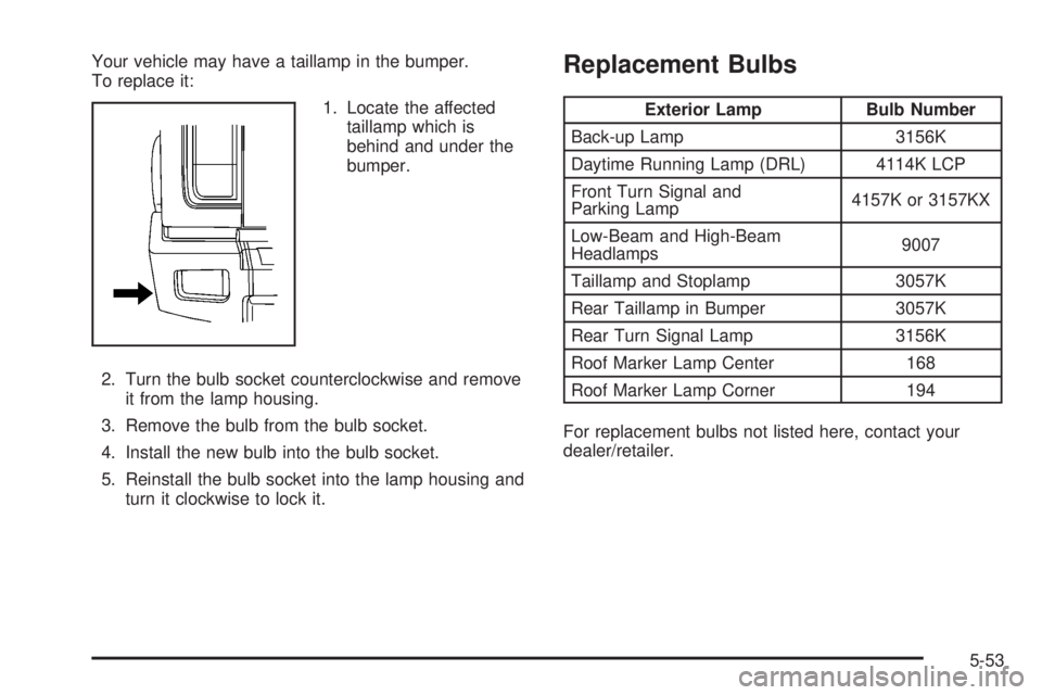 HUMMER H2 2008  Owners Manual Your vehicle may have a taillamp in the bumper.
To replace it:
1. Locate the affected
taillamp which is
behind and under the
bumper.
2. Turn the bulb socket counterclockwise and remove
it from the lam