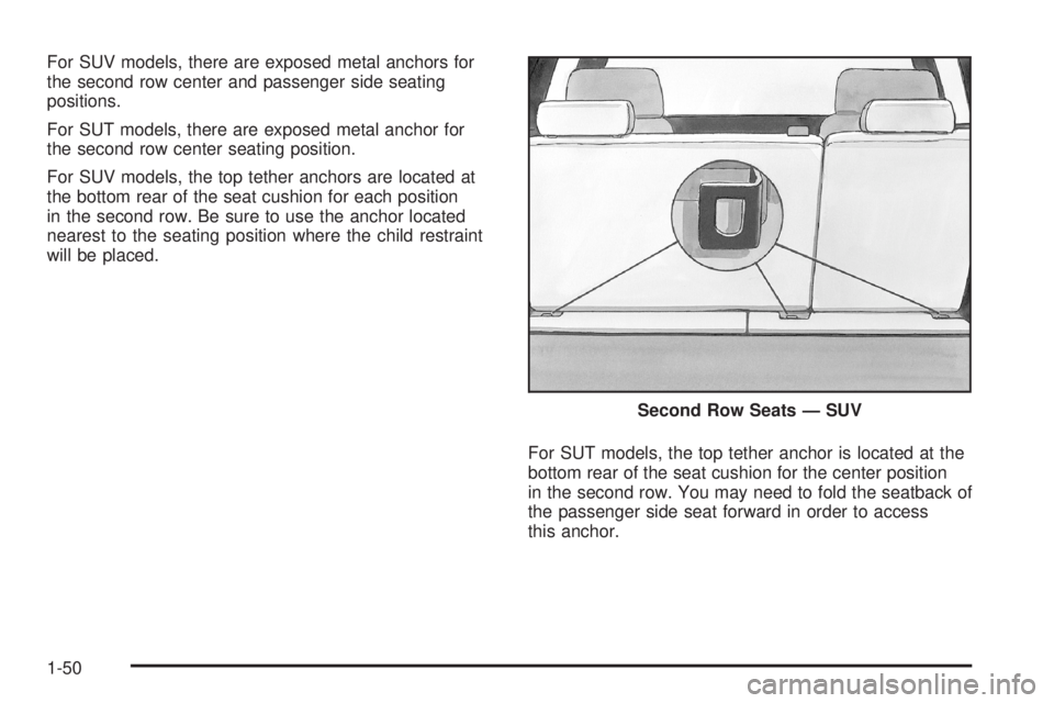 HUMMER H2 2008 Workshop Manual For SUV models, there are exposed metal anchors for
the second row center and passenger side seating
positions.
For SUT models, there are exposed metal anchor for
the second row center seating positio HUMMER H2 2008 Workshop Manual For SUV models, there are exposed metal anchors for
the second row center and passenger side seating
positions.
For SUT models, there are exposed metal anchor for
the second row center seating positio