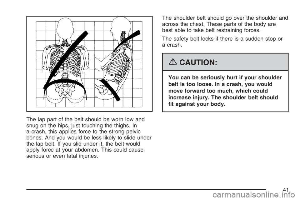 HUMMER H2 2007 Service Manual The lap part of the belt should be worn low and
snug on the hips, just touching the thighs. In
a crash, this applies force to the strong pelvic
bones. And you would be less likely to slide under
the l