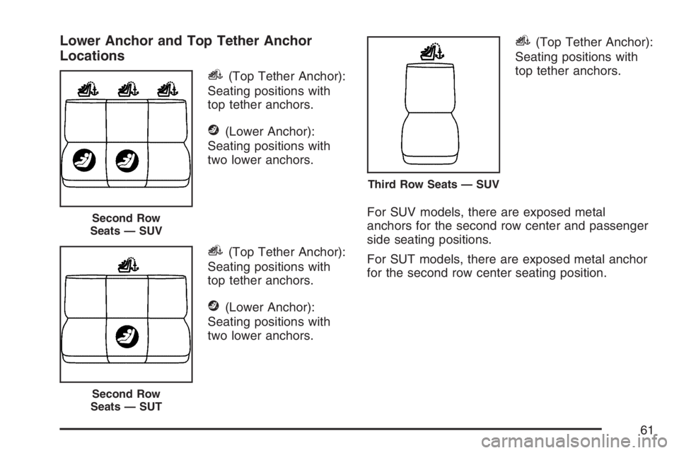 HUMMER H2 2007 Repair Manual Lower Anchor and Top Tether Anchor
Locations
i(Top Tether Anchor):
Seating positions with
top tether anchors.
j(Lower Anchor):
Seating positions with
two lower anchors.
i(Top Tether Anchor):
Seating p HUMMER H2 2007 Repair Manual Lower Anchor and Top Tether Anchor
Locations
i(Top Tether Anchor):
Seating positions with
top tether anchors.
j(Lower Anchor):
Seating positions with
two lower anchors.
i(Top Tether Anchor):
Seating p