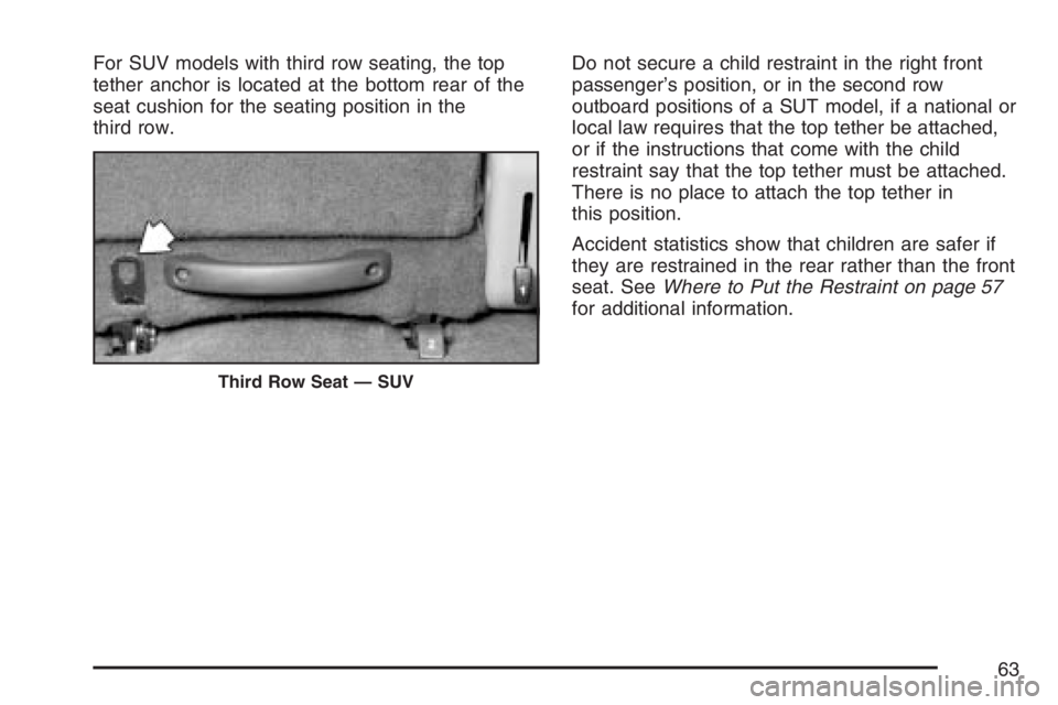 HUMMER H2 2007 Repair Manual For SUV models with third row seating, the top
tether anchor is located at the bottom rear of the
seat cushion for the seating position in the
third row.Do not secure a child restraint in the right fr HUMMER H2 2007 Repair Manual For SUV models with third row seating, the top
tether anchor is located at the bottom rear of the
seat cushion for the seating position in the
third row.Do not secure a child restraint in the right fr
