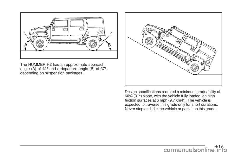 HUMMER H2 2006  Owners Manual The HUMMER H2 has an approximate approach
angle (A) of 42° and a departure angle (B) of 37°,
depending on suspension packages.
Design speci�cations required a minimum gradeability of
60% (31°) slop