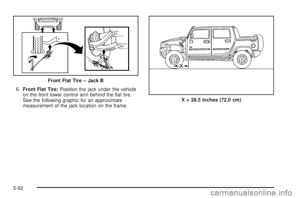 HUMMER H2 2006  Owners Manual 6.Front Flat Tire:Position the jack under the vehicle
on the front lower control arm behind the �at tire.
See the following graphic for an approximate
measurement of the jack location on the frame.Fro